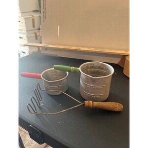 Vintage Enterprise Aluminum Measuring Cups Wood Handles & Potato Masher Set 3pc